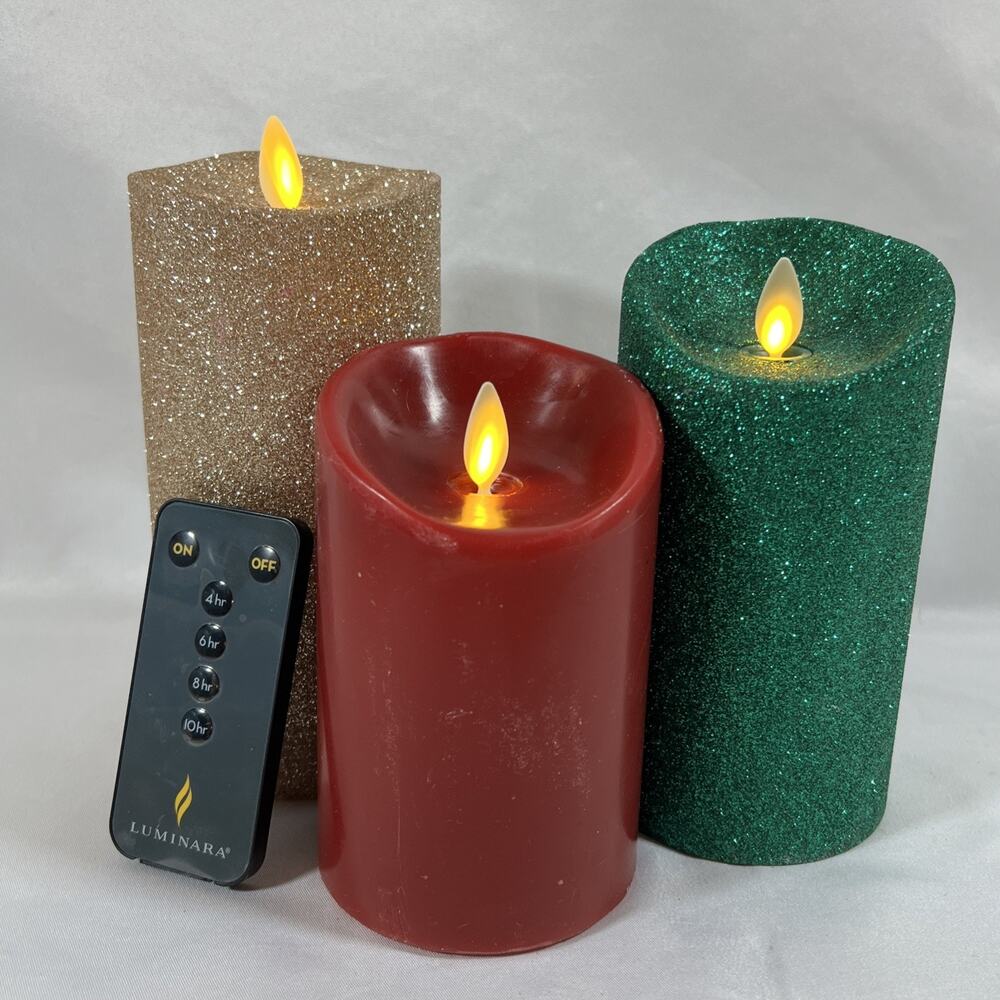 Lot of 3 Luminara Candles Christmas Gold Green Glitter Red Remote 4-10hr Timer
